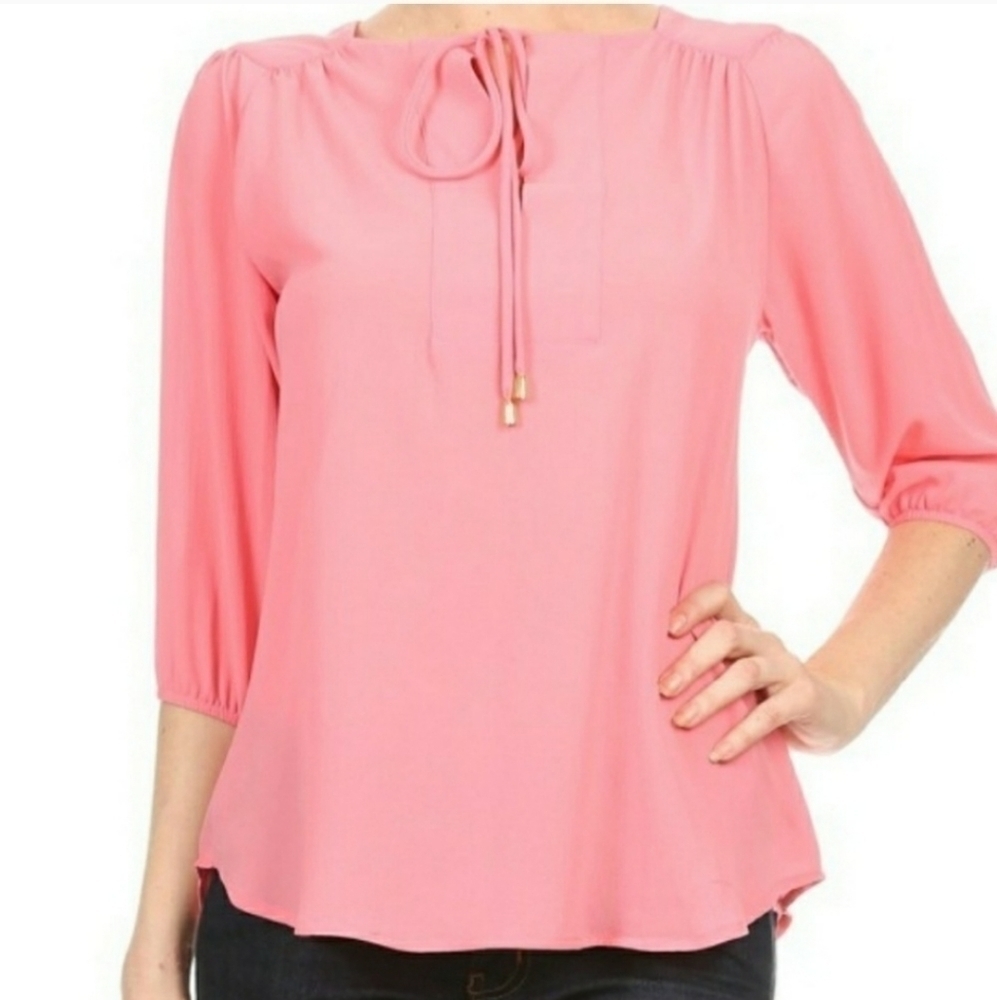 NWT Coral Pink Tie Neck 3/4 Sleeve Blouse S L XL